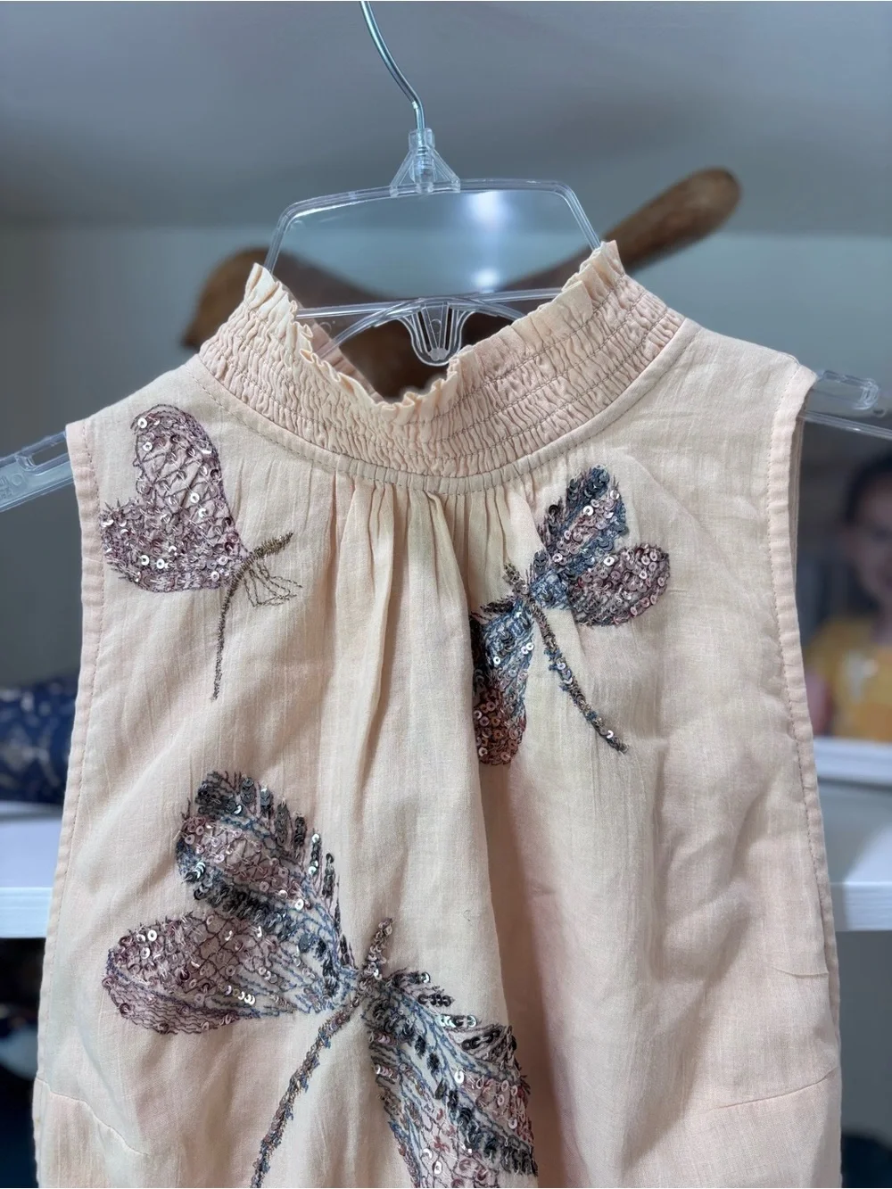 Free People "The Garden" top smocked mock neck sequin dragonfly embroidery S - Picture 7 of 10